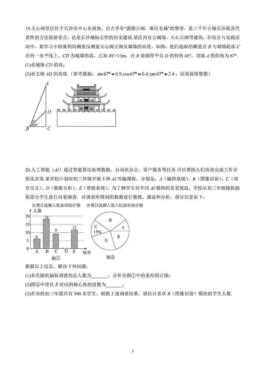 2024-2025学年长沙市雅礼教育集团九年级期中考试数学试卷第3页