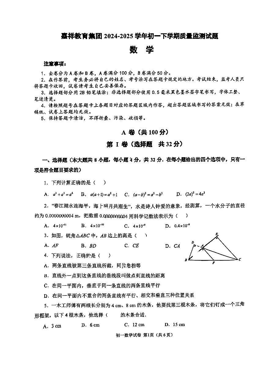 四川省成都市嘉祥教育2024-2025学年七年级下数学期中试卷第1页
