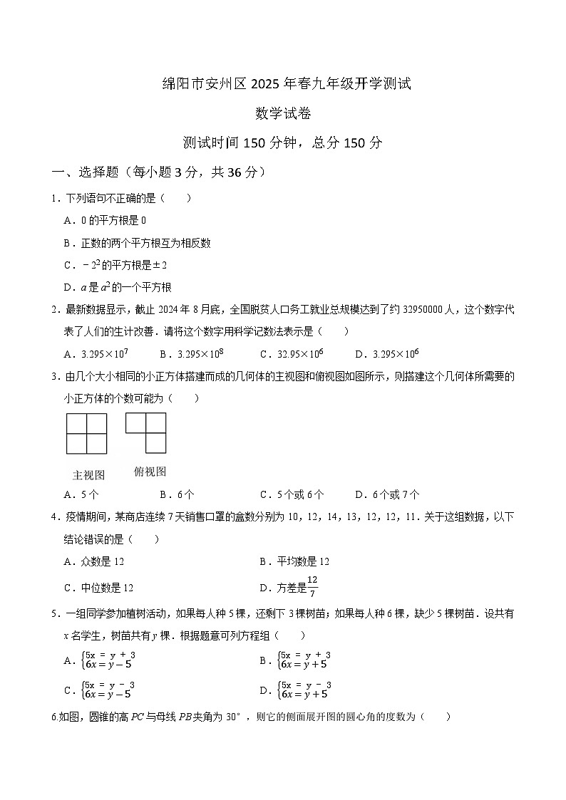 四川省绵阳市安州区2025届九年级下学期开学考试数学试卷(含答案)第1页