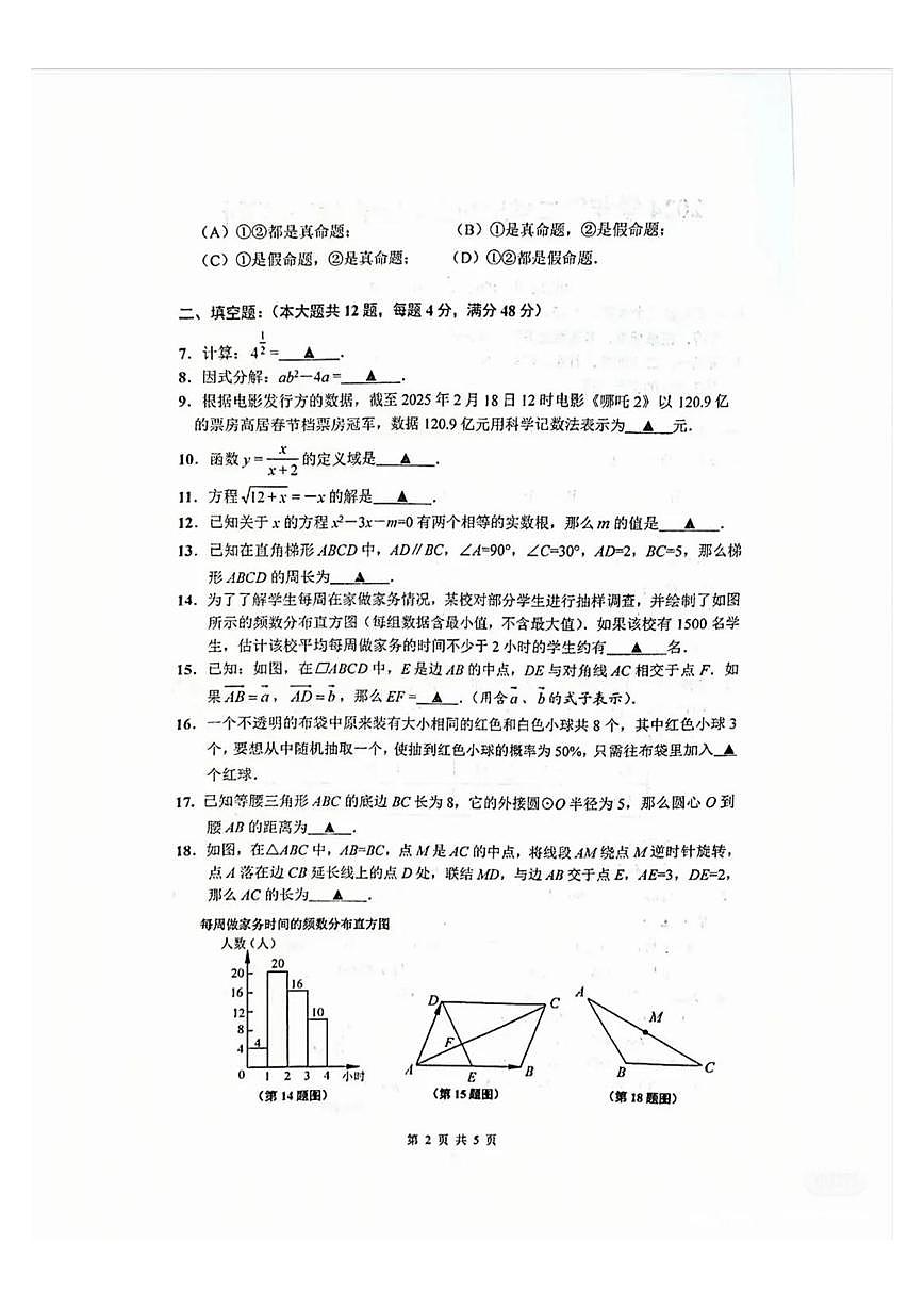2025年上海市闵行区初三二模数学试卷第2页