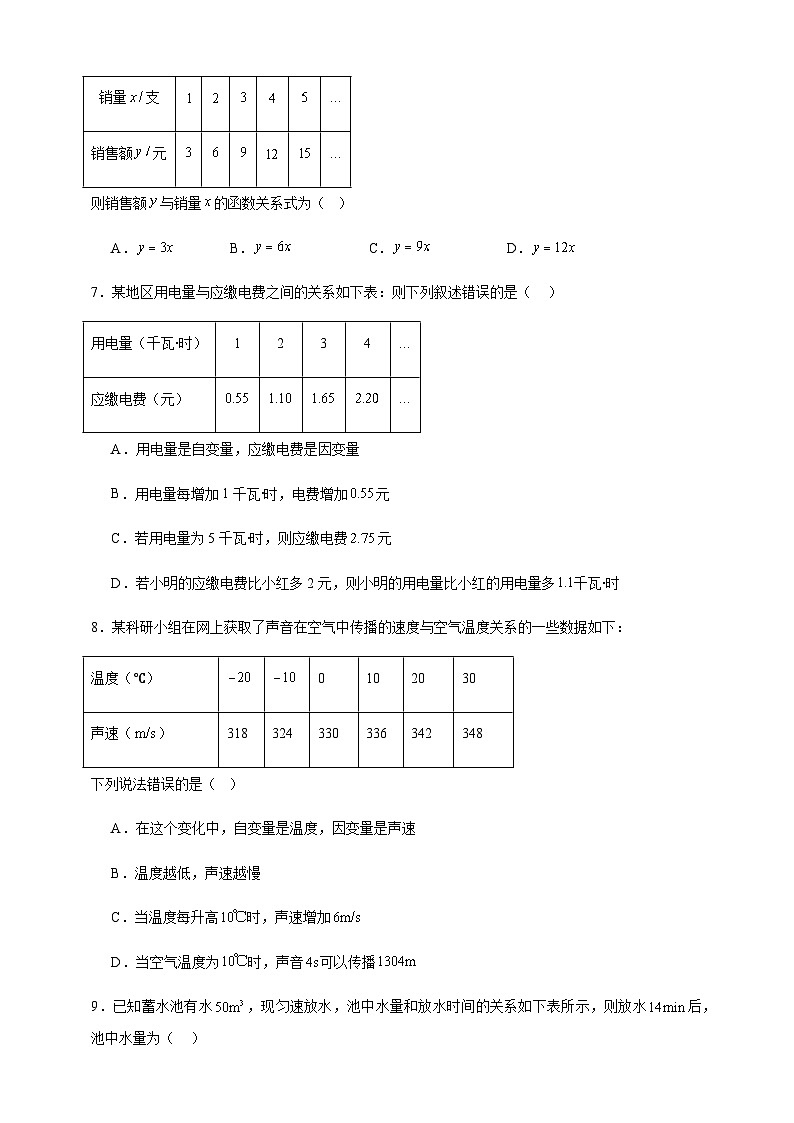 鲁科版五四制初中数学六年级下册 9.3 用表格表示变量之间的关系 同步练习（含解析）第3页