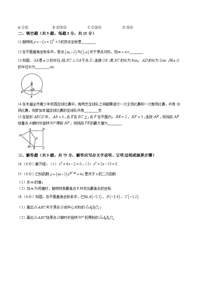 湖北省荆州市监利市2025届九年级上学期期中学业水平监测数学试卷(含答案)第3页