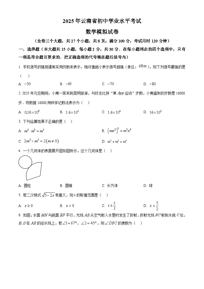 2025年云南省楚雄彝族自治州楚雄市中考一模数学试题（原卷版+解析版）第1页