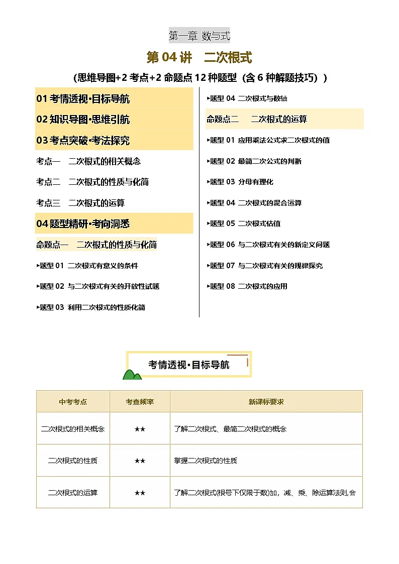 中考数学专题复习第04讲 二次根式(讲义，2考点+2命题点12种题型(含6种解题技巧))(原卷版)第1页