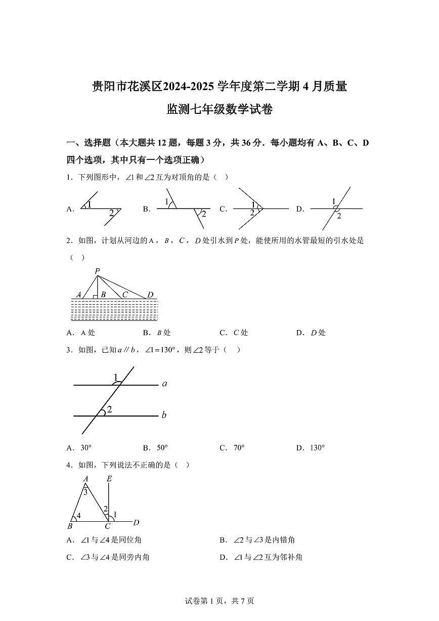 2024-2025学年 贵州省贵阳市花溪区七年级下册4月月考数学试题第1页