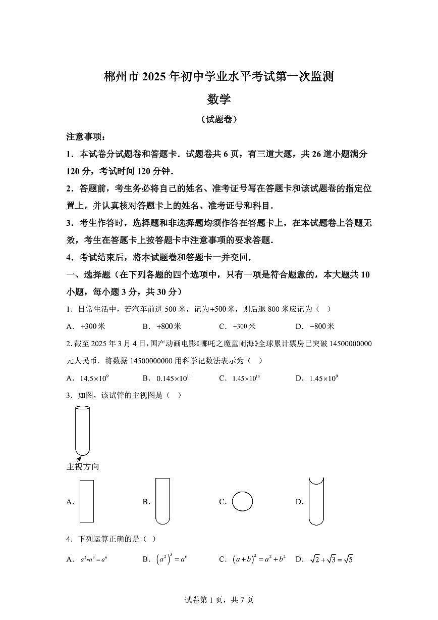 2024-2025学年 湖南省郴州市初中学业水平质量监测数学试题（含答案）第1页