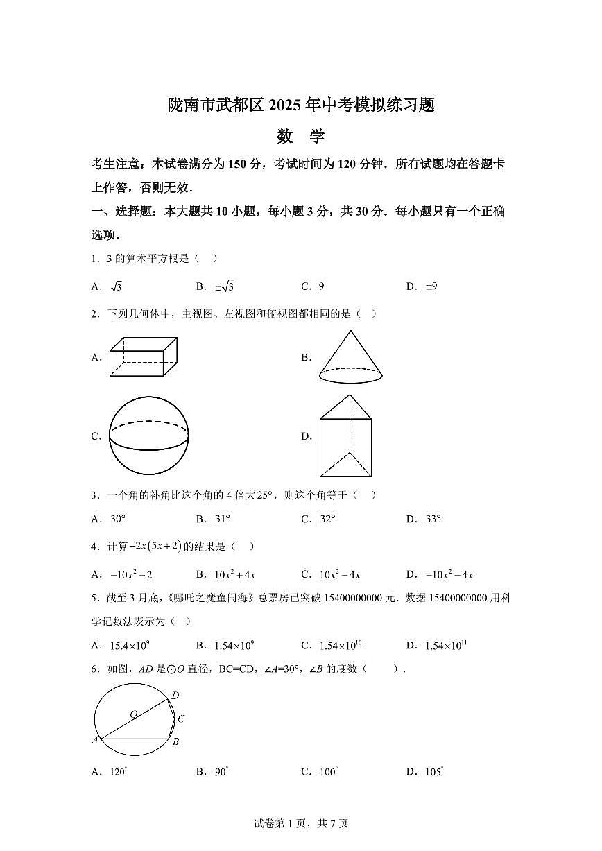 2024-2025学年 甘肃省陇南市武都区中考模拟数学练习题（含答案）第1页