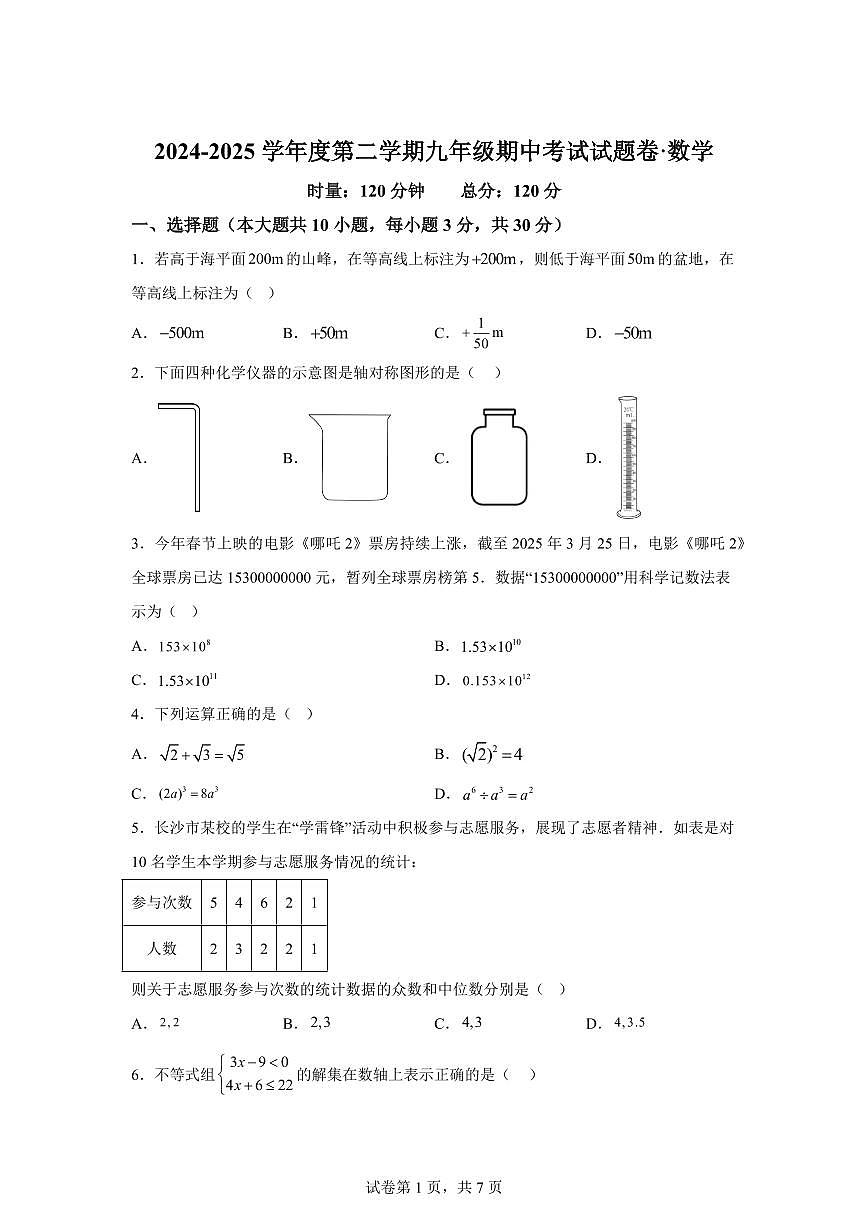 2024-2025学年 湖南省长沙市九年级下册期中考试数学试题（含答案）第1页