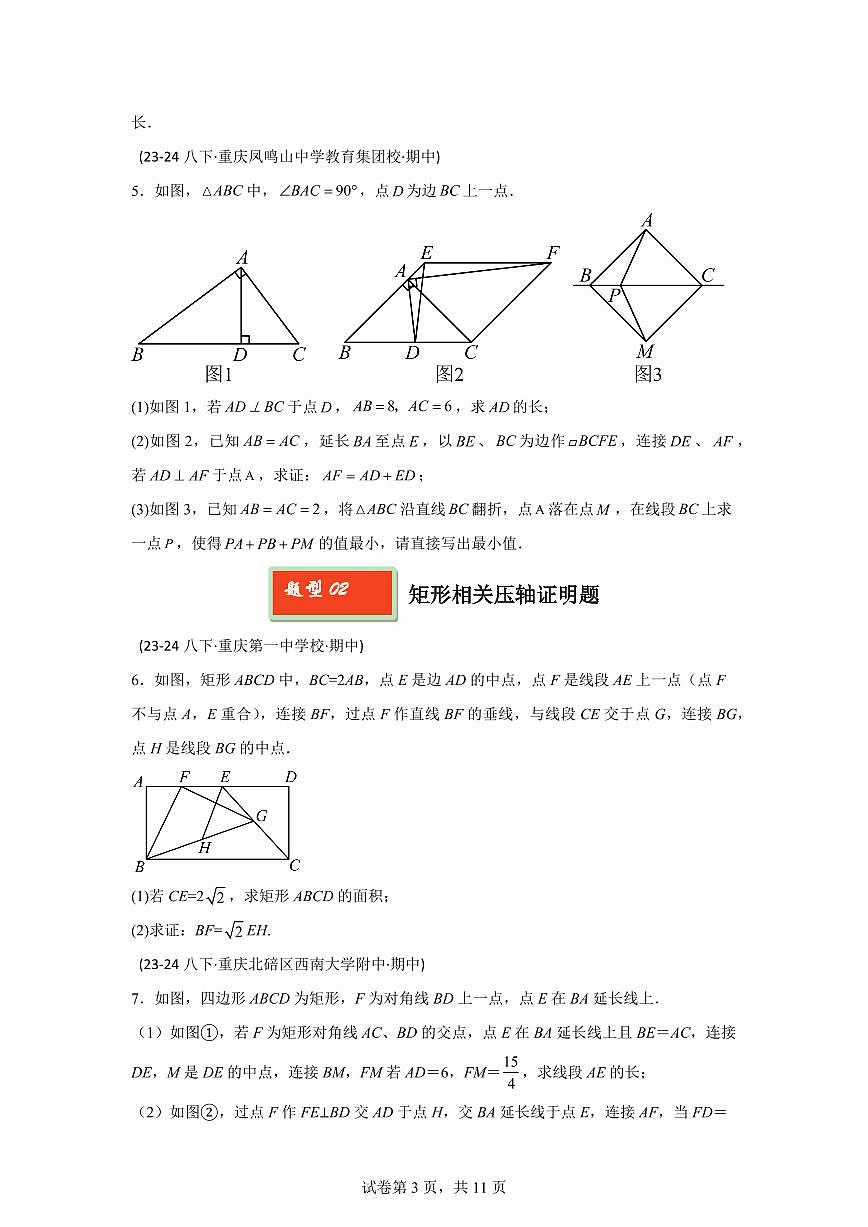 2024-2025学年 几何证明压轴 八年级数学下册期中真题检测试题第3页