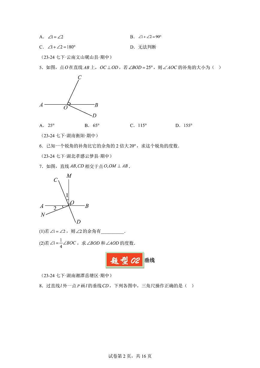 2024-2025学年 相交线与平行线（七大题型）七年级数学下册期中真题检测试题第2页