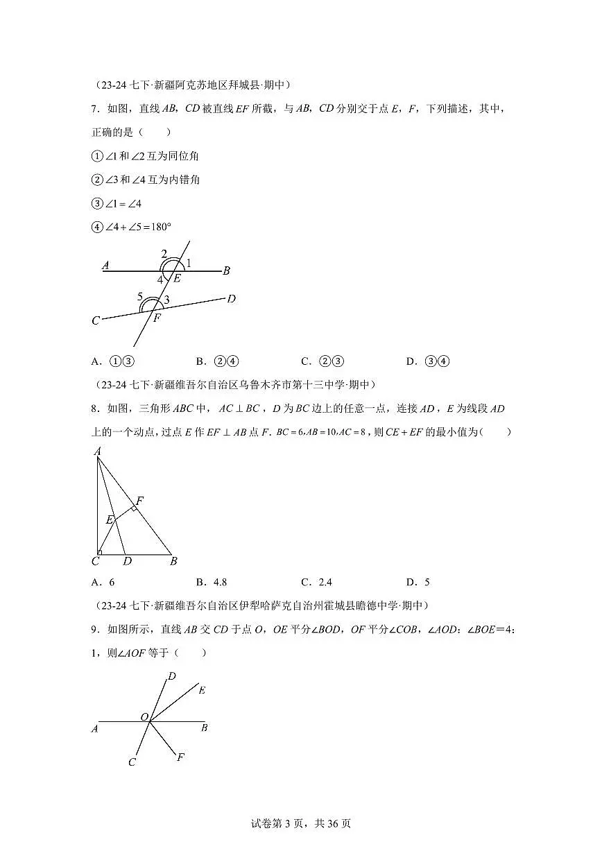 2024-2025学年 相交线与平行线（新疆专用）七年级数学下册期中真题检测试题第3页