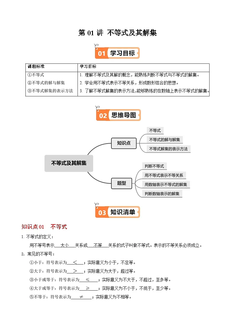11.1.1 不等式及其解集 - 知识点梳理+练习（含答案解析）第1页