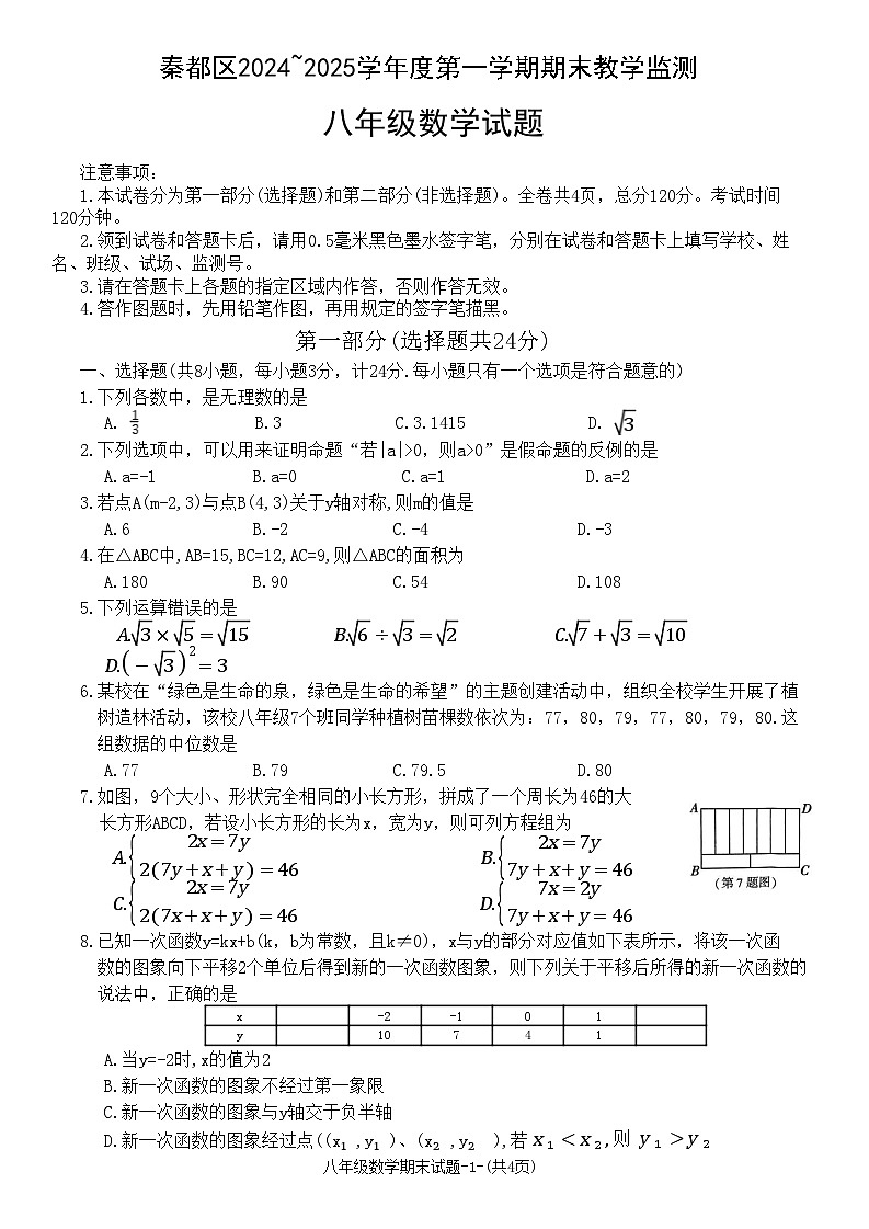 陕西省咸阳市秦都区2024-2025学年八年级上学期1月期末考试数学试卷(含答案)第1页