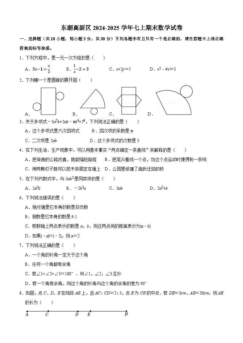 武汉市东湖高新区2024-2025学年上学期期末七年级数学试卷（word版）第1页