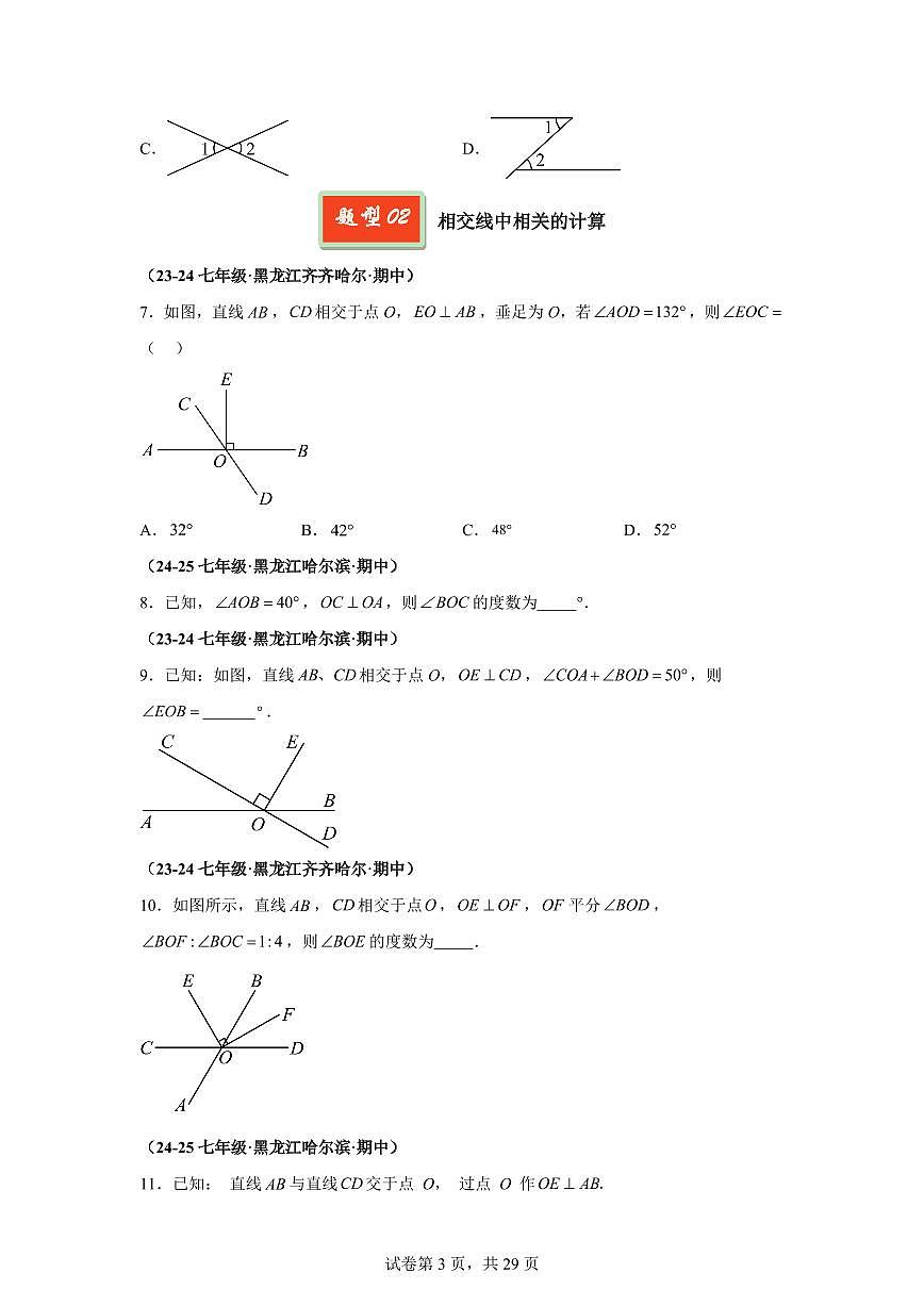 2024-2025学年 相交线与平行线（11大题型）七年级数学下册期中真题检测试题（黑龙江专用）第3页