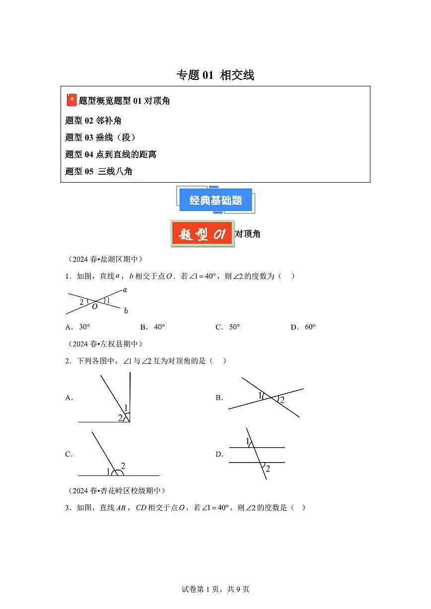 2024-2025学年 相交线（5题型）七年级数学下册期中真题检测试题第1页