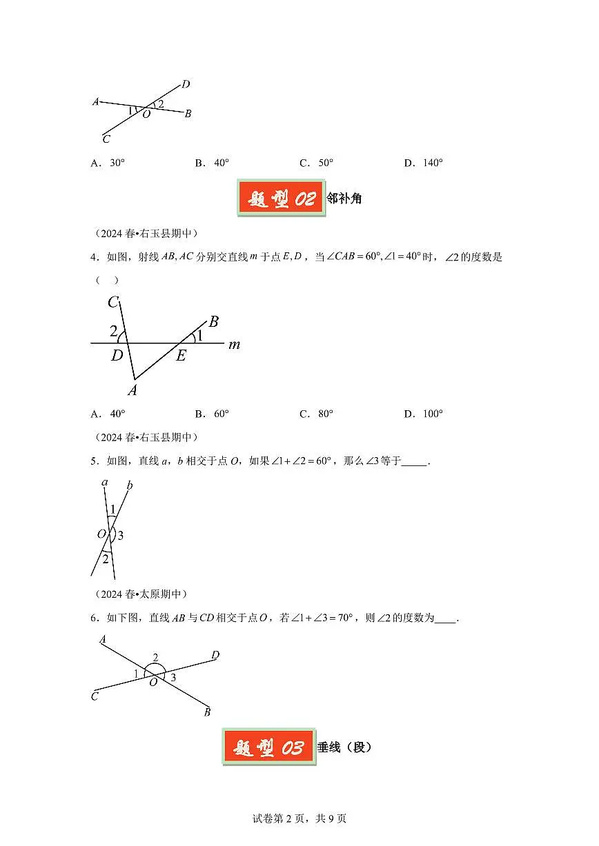 2024-2025学年 相交线（5题型）七年级数学下册期中真题检测试题第2页