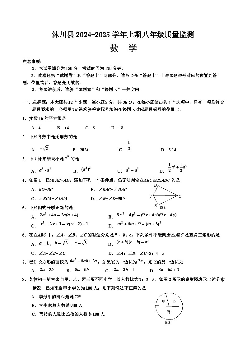 四川省乐山市沐川县2024-2025学年八年级上学期期末考试数学试卷(含答案)第1页