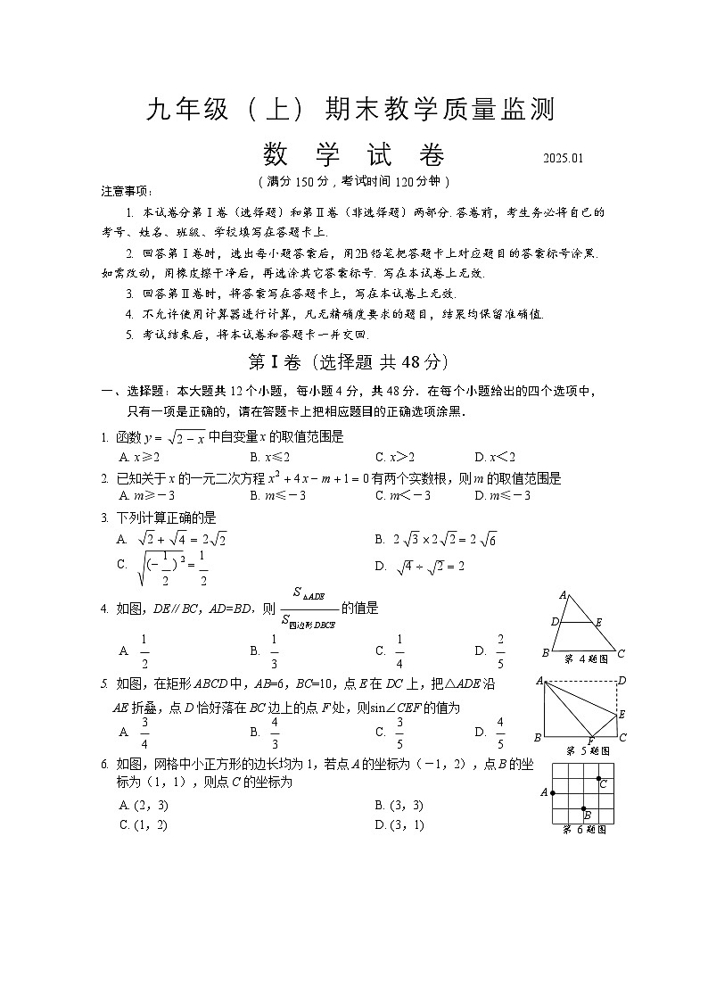 四川省眉山市仁寿县2025届九年级上学期1月期末考试数学试卷第1页