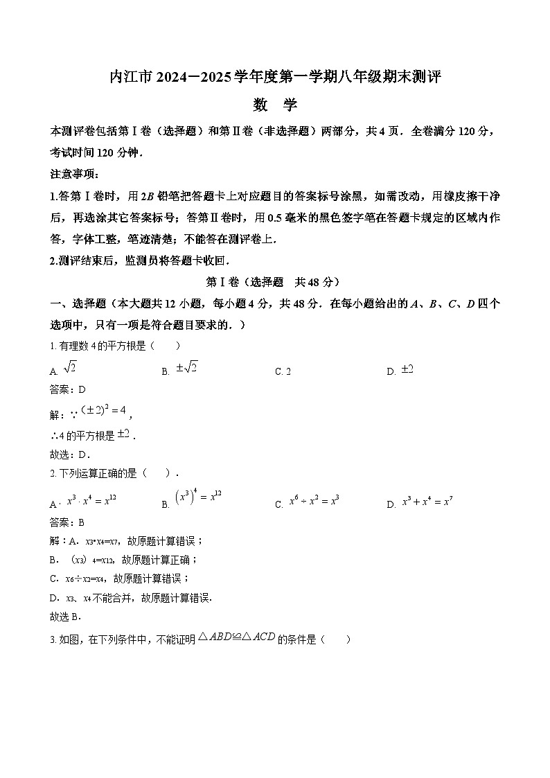 四川省内江市2024-2025学年八年级上学期期末考试数学试卷(含解析)第1页