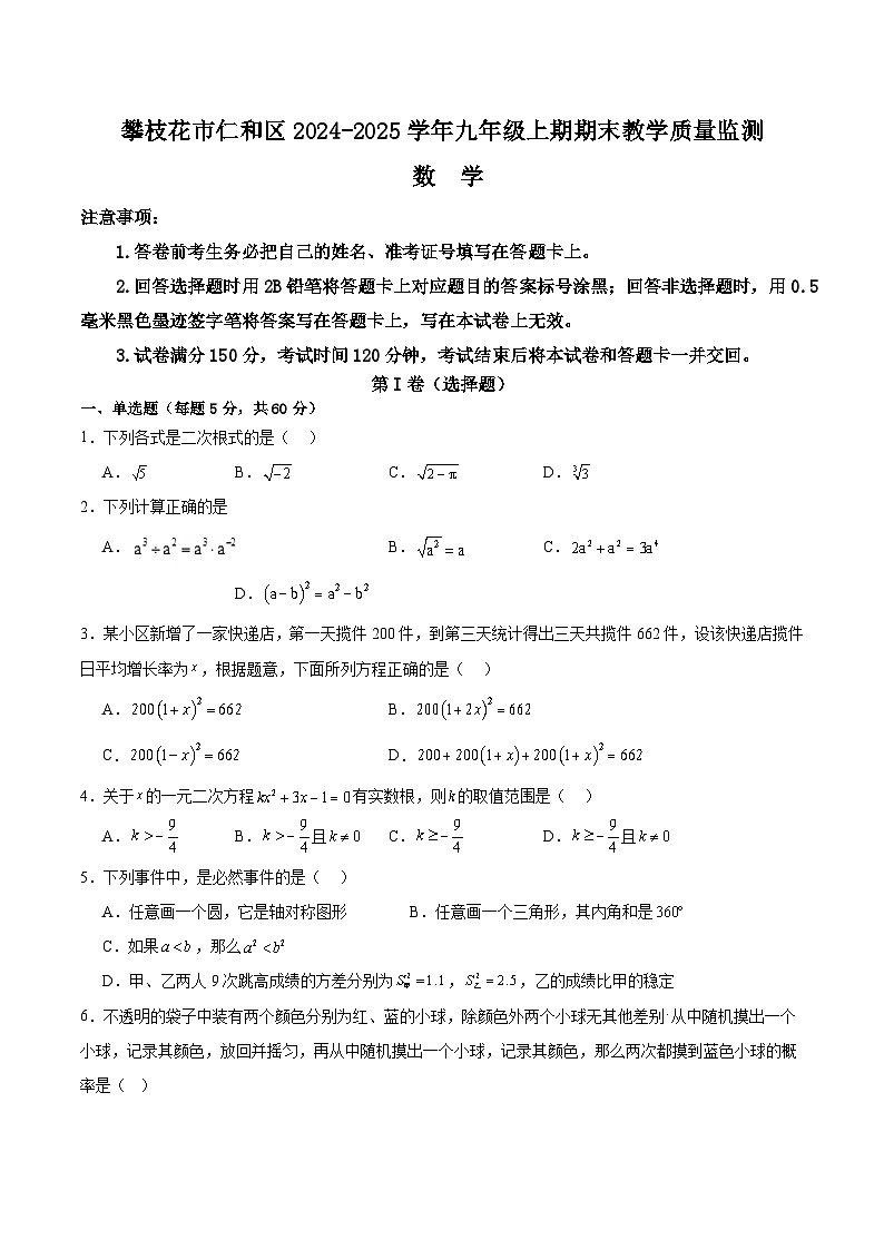 四川省攀枝花市仁和区2025届九年级上学期1月期末考试数学试卷(含答案)第1页
