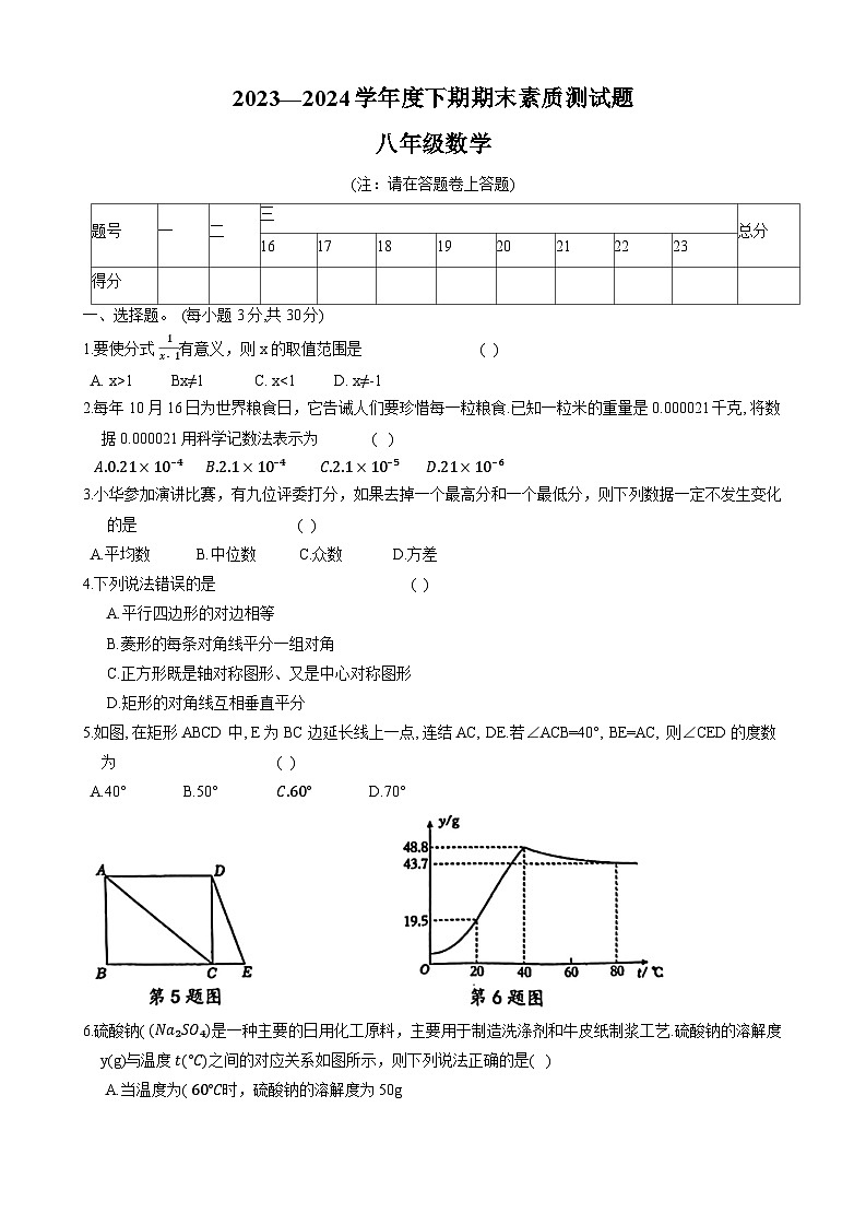 河南省驻马店市泌阳县2023-2024学年八年级下学期6月期末考试数学试卷(含答案)第1页