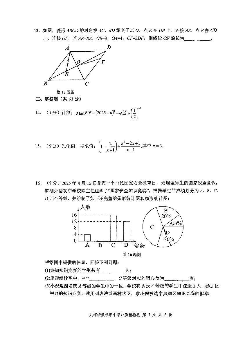 深圳罗湖外语初中学校2024一2025学年下学期九年级数学期中学业质量检测卷第3页