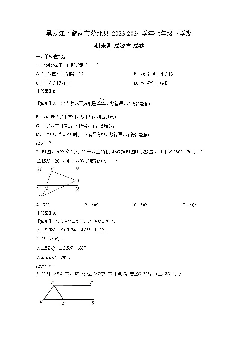 黑龙江省鹤岗市萝北县2023-2024学年七年级下学期期末测试数学试卷（解析版）第1页