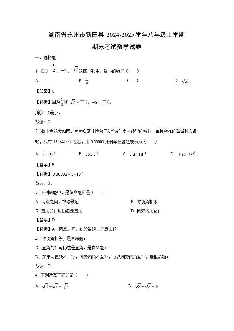 湖南省永州市新田县2024-2025学年八年级上学期期末考试数学试卷（解析版）第1页