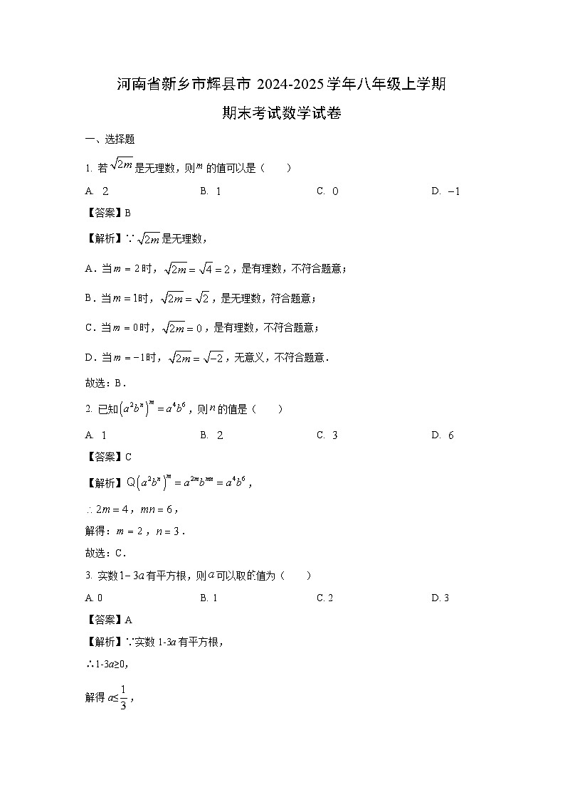 河南省新乡市辉县市2024-2025学年八年级上学期期末考试数学试卷（解析版）第1页