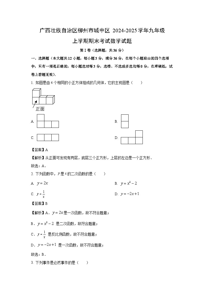 广西壮族自治区柳州市城中区2024-2025学年九年级上学期期末考试数学试卷（解析版）第1页