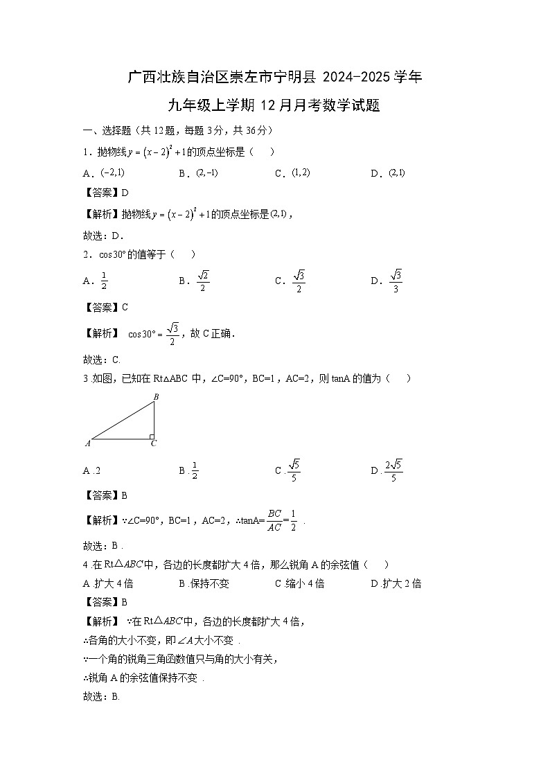 广西壮族自治区崇左市宁明县2024-2025学年九年级上学期12月月考数学试卷（解析版）第1页