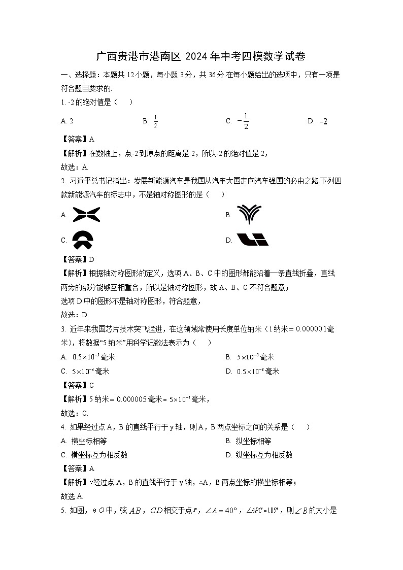 广西贵港市港南区2024年中考四模数学试卷（解析版）第1页