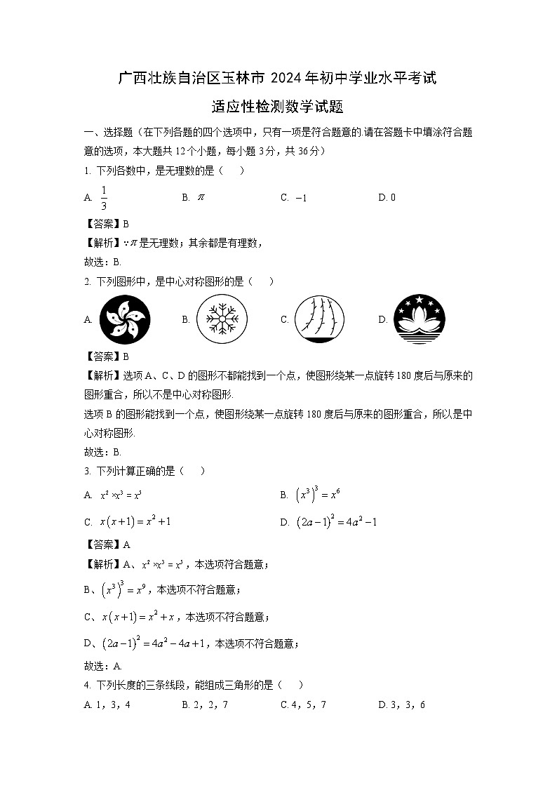 广西壮族自治区玉林市2024年初中学业水平考试适应性检测数学试卷（解析版）第1页