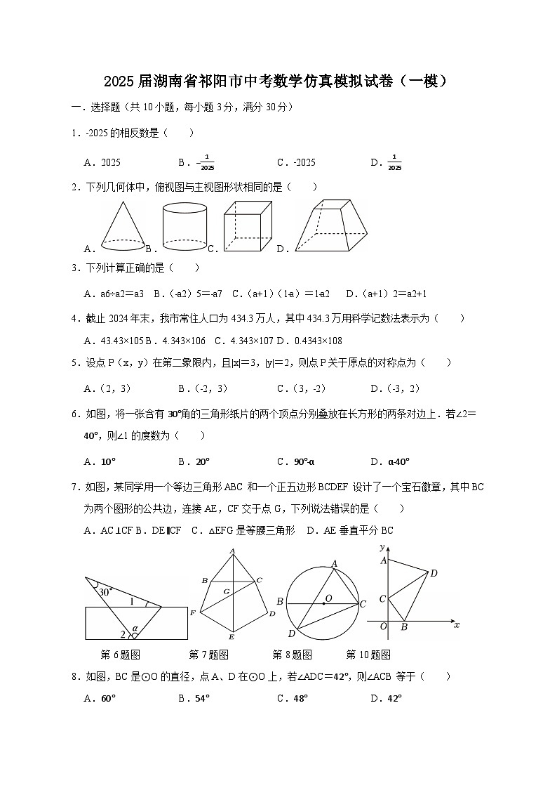 2025届湖南省祁阳市中考数学仿真模拟试卷（一模）附答案第1页