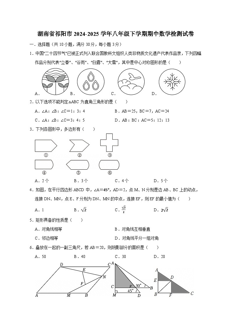 湖南省祁阳市2024-2025学年八年级下学期期中数学检测试卷（附答案）第1页
