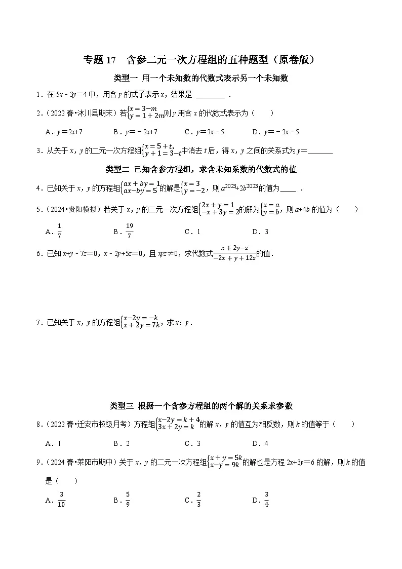 专题17 含参二元一次方程组的五种题型（原卷版）-2024-2025学年七年级数学下章节单元小结及期中期末复习讲义与提优测试卷（新人教版）第1页