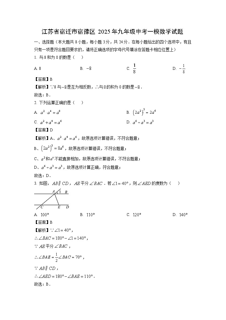 江苏省宿迁市宿豫区2025年九年级中考一模数学试题（解析版）第1页