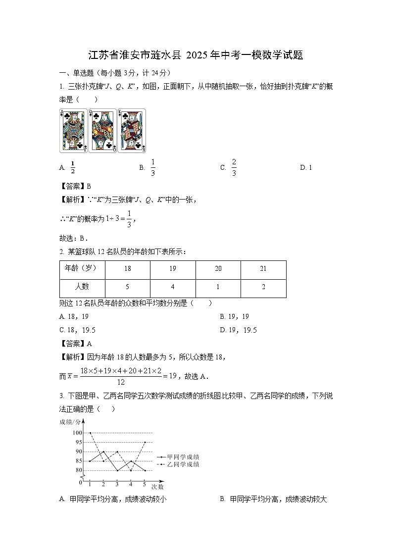 江苏省淮安市涟水县2025年中考一模数学试题（解析版）第1页