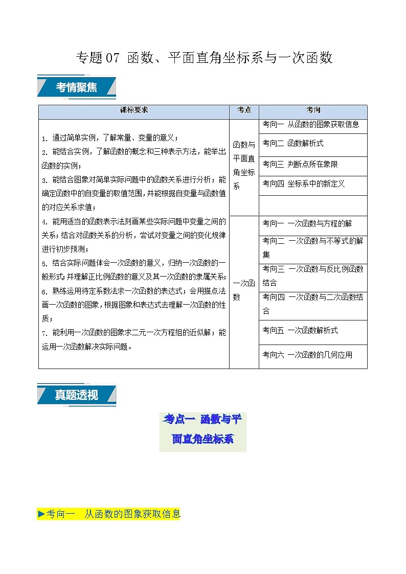 备战2025年中考数学真题汇编特训（江苏专用）专题07函数、平面直角坐标系与一次函数（原卷版）第1页