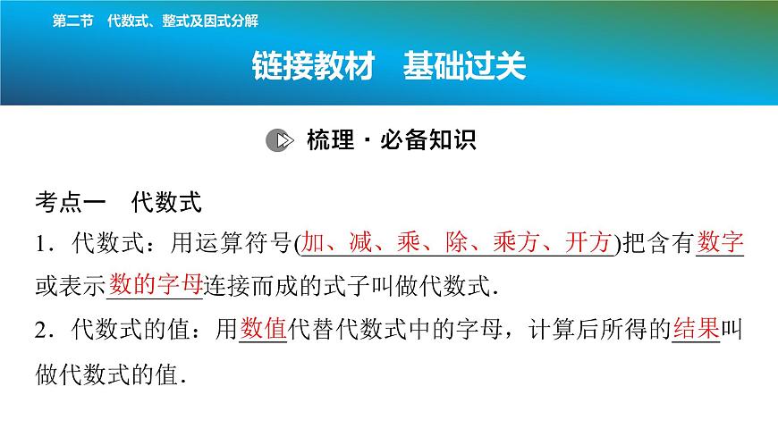 2025年中考数学总复习课件(山东省专用)03 第一部分 第一章 第二节 代数式、整式及因式分解第2页
