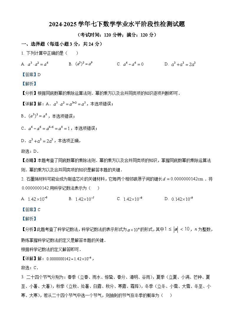 山东省青岛市李沧区实验初级中学2024-2025学年七年级下学期期中 数学试题（含解析）第1页