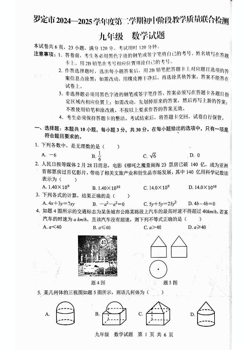 2025年广东省云浮市罗定市中考一模数学试题（中考模拟）第1页