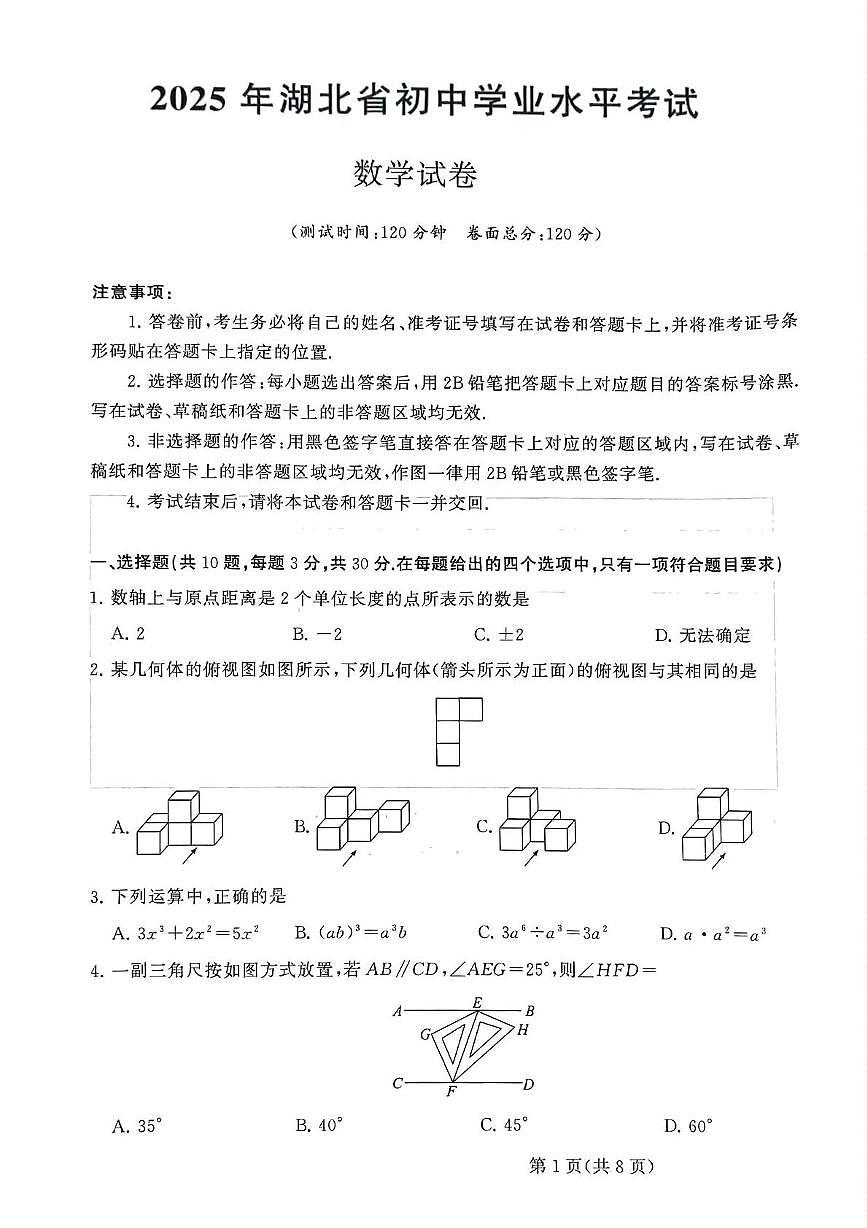 2025年湖北省咸丰县中考适应性考试数学试题（二）（中考模拟）第1页