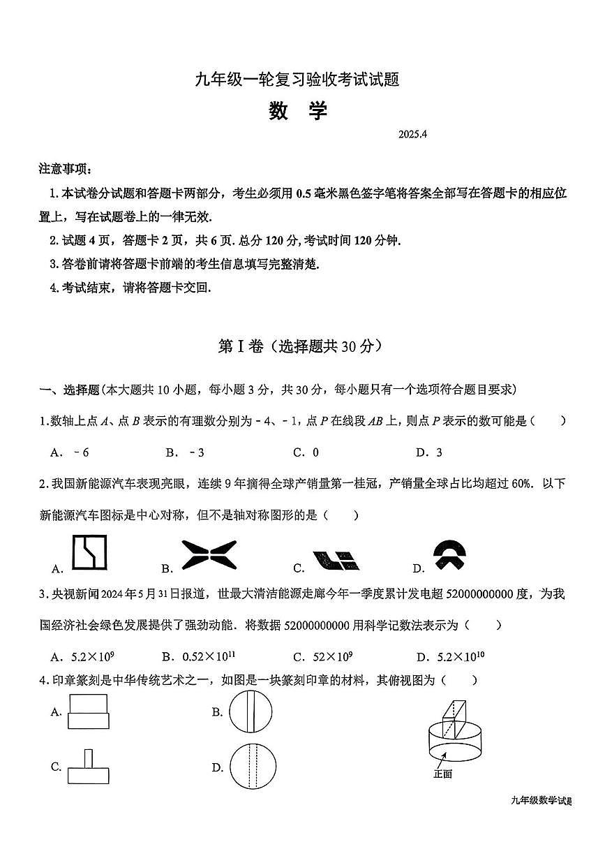 2025年山东省临沂市蒙阴县中考一模数学试题（中考模拟）第1页