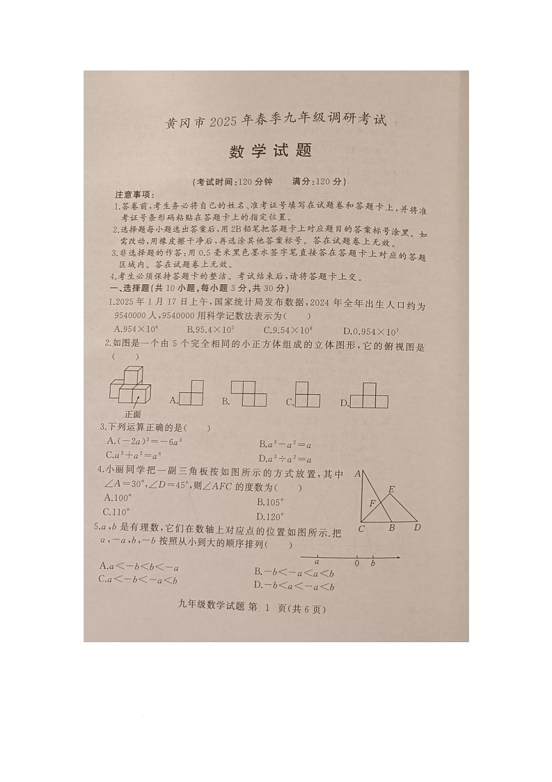2025年湖北省黄冈市九年级中考调研考试数学试题（中考模拟）第1页