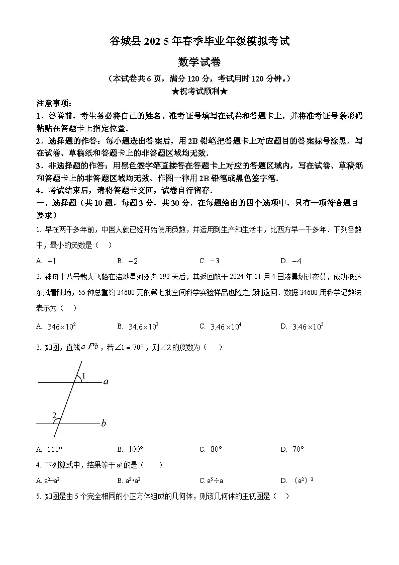 2025年湖北省襄阳市谷城县中考一模数学试卷（中考模拟）第1页