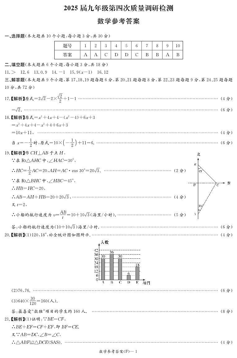 2025湖南师大附中系九年级第四次质量调研检测数学试卷参考答案第1页