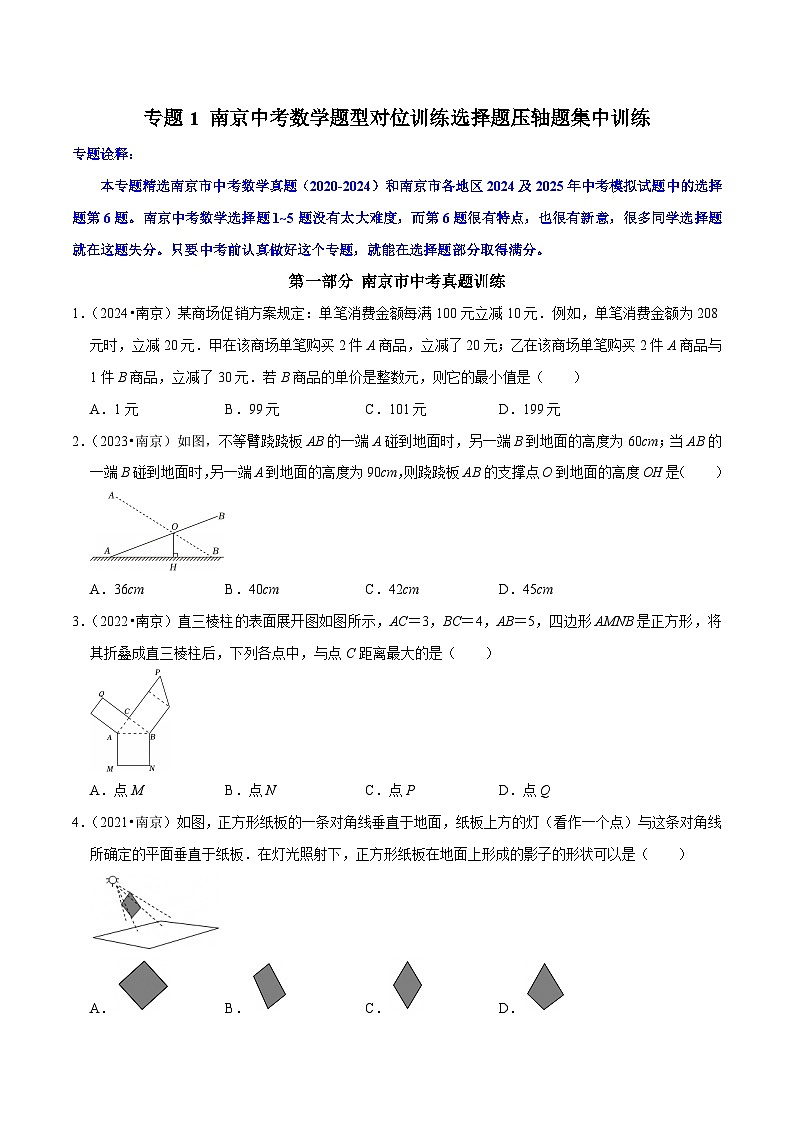 专题1 南京中考数学题型对位训练选择题压轴题集中训练【备战中考 挑战满分】2025年南京市中考数学三轮复习题型对位训练（原卷版）第1页