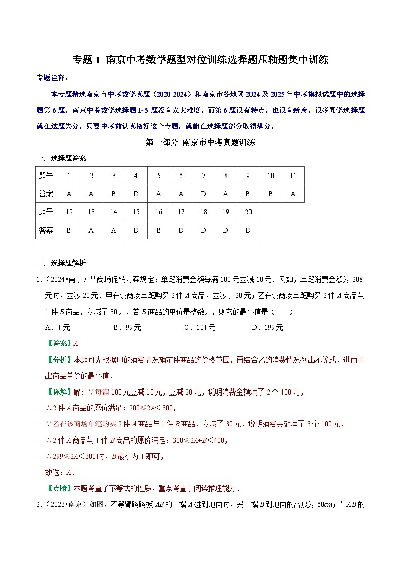 专题1 南京中考数学题型对位训练选择题压轴题集中训练【备战中考 挑战满分】2025年南京市中考数学三轮复习题型对位训练（解析版）第1页